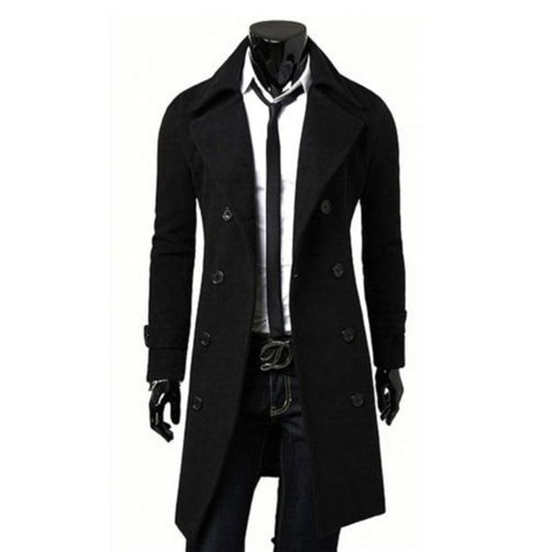 Men's Trench Coat Double Breasted Military Wool Blend Winter Outwear Long Jacket